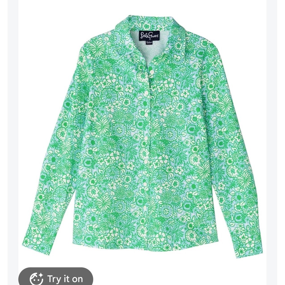 Lesley Evers Green Blue Floral Cotton  Button Shirt Large retro boho cottage res